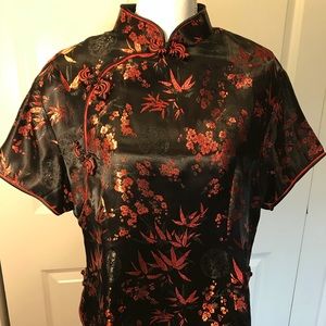 EUC Oriental Blouse Womens Red Black Satin Large